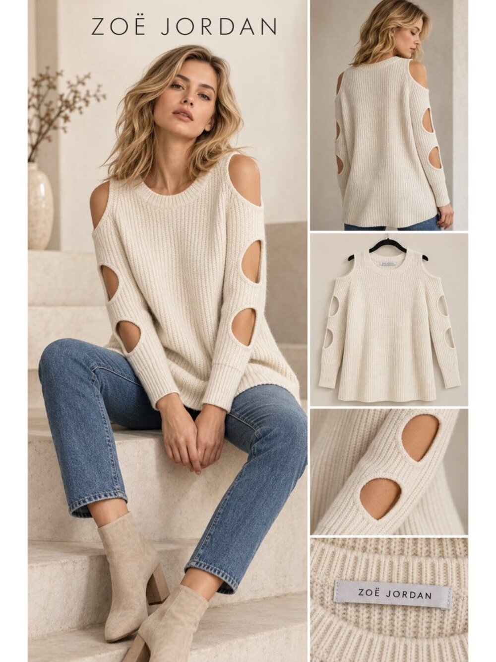 ZOË JORDAN Ivory Wool Cashmere Ribbed Knit Sweater M/L Luxury Crewneck